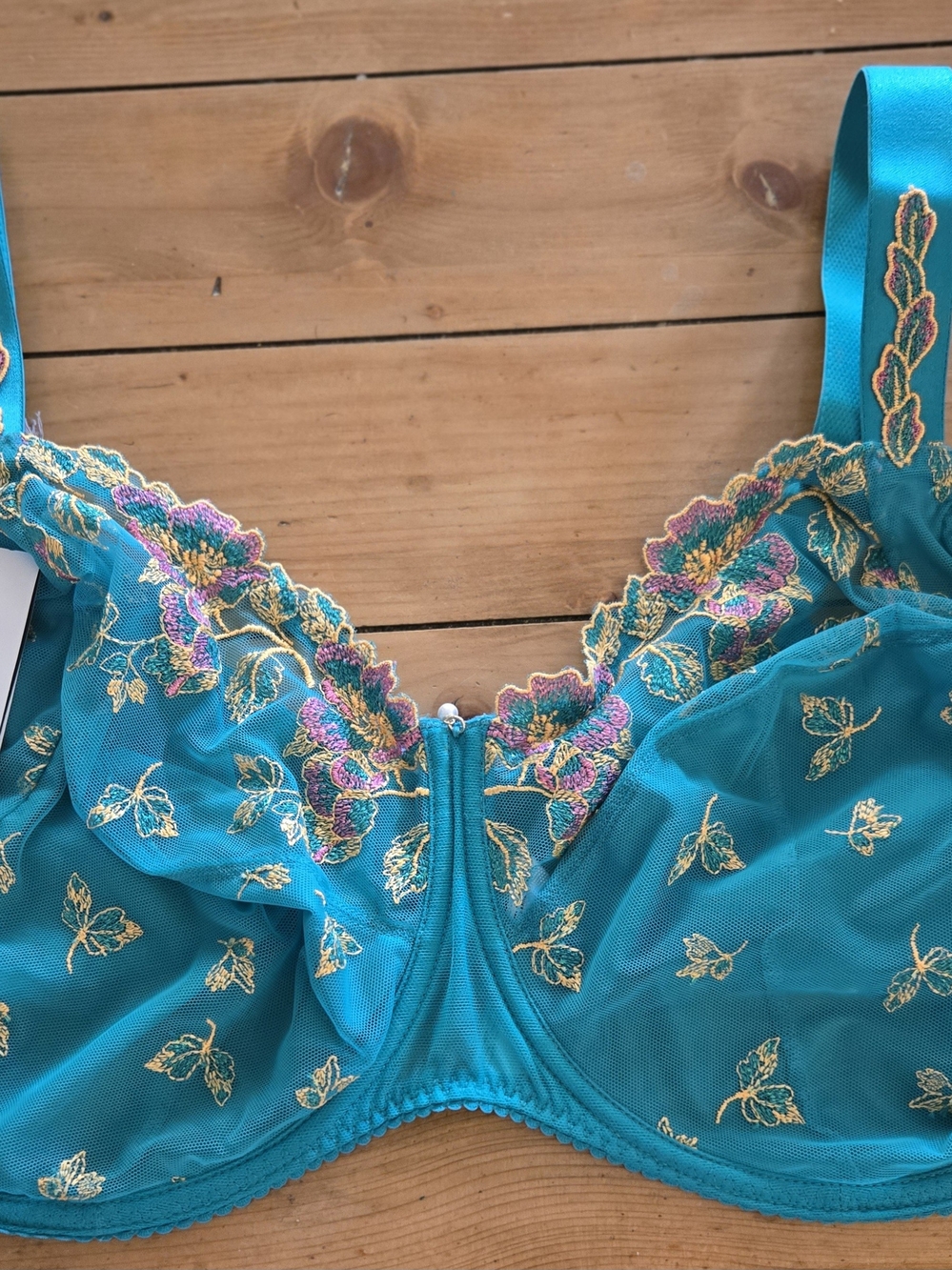 Prima Donna Teal Underwire Bra with Gold and Pink Floral Embroidery